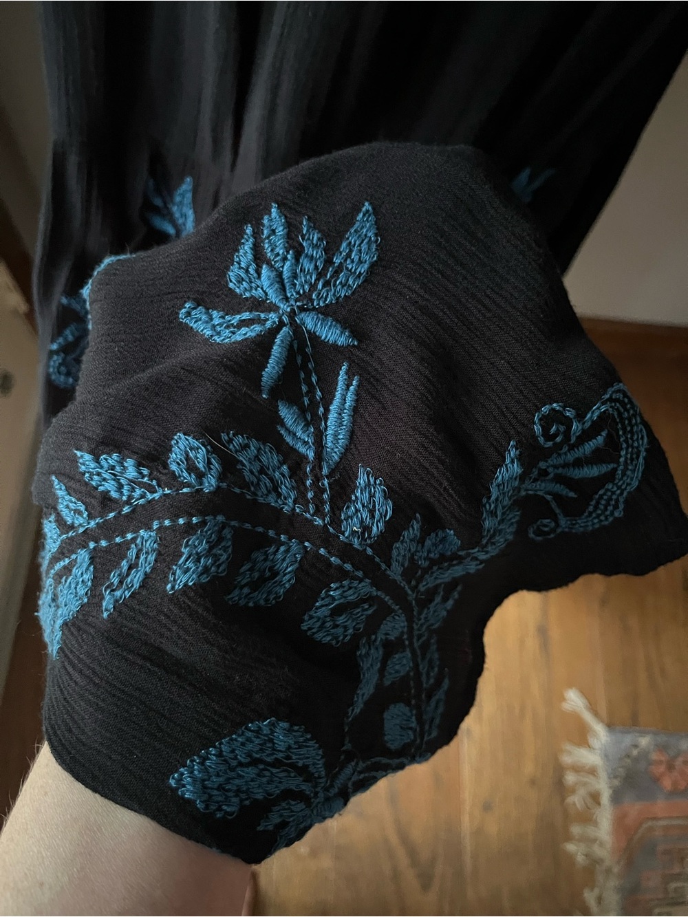 Free People Black Gauze Embroidered Maxi Skirt Blue Boho Button Front Size 4 - Picture 3 of 4